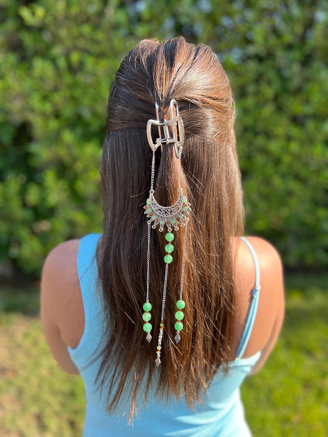Boho Hair Claw – Green Jade Beaded Hair Clip With Charm, Festival Hair ...