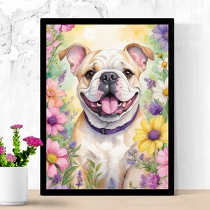 Bulldog Wall Art Printable | Instant Download Dog Portrait | Watercolor Floral Pet Illustration | Flower Dog Home Decor for Pet Lovers