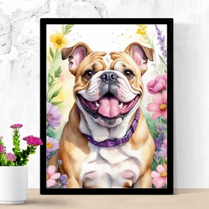 Bulldog Wall Art Printable | Instant Download Dog Portrait | Watercolor Floral Dog Illustration | Flower Pet Home Decor | Pet Lover Gift