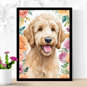 Art mural floral doré doodle | Portrait numérique de chien | Art canin à l'aquarelle | Illustration d'IA pour les amateurs d'animaux de compagnie | Oeuvre d'art imprimable pour animaux de compagnie
