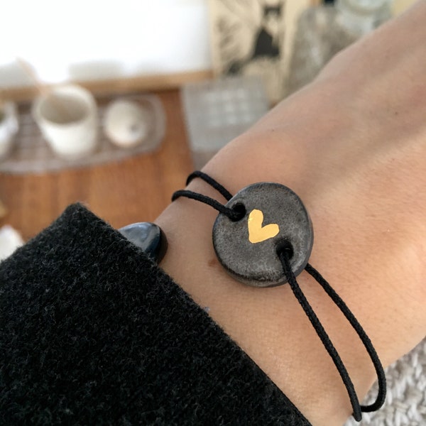 Black porcelain bracelet with  gold heart, moon ceramic bracelet with heart