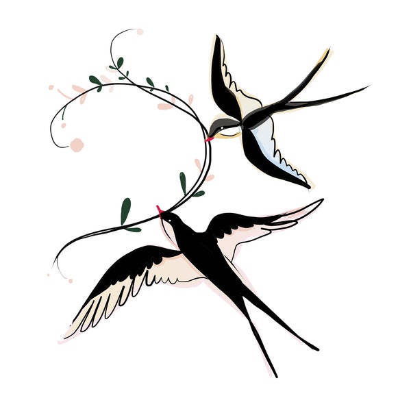 Printable digital  swallow illustration about spring and love, couple swallows  and a quote about spring - Tittle: Bloom Again