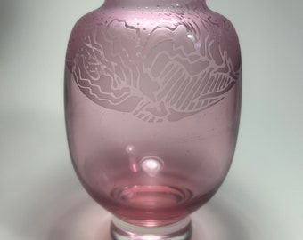 Pink art glass hand blown vase with etched design