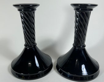 Beautiful vintage depression glass, black amethyst twisted glass candle holders