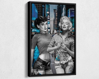 Audrey Hepburn and Marilyn Monroe Black and White Canvas Unique Design Wall Art Print Hand Made Ready to Hang Custom Design