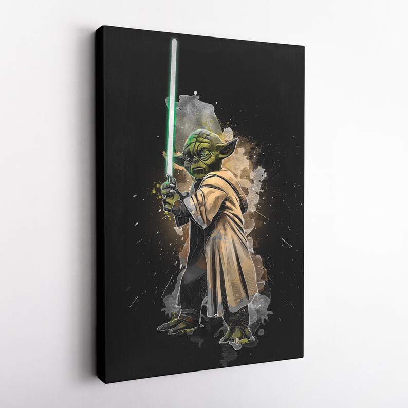 May include: A green and brown Yoda character from Star Wars holding a green lightsaber in front of a black and white watercolor background.
