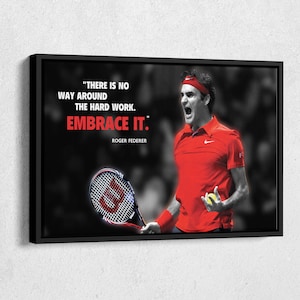 May include: A black and white motivational poster featuring a tennis player in a red shirt, holding a tennis racket and a tennis ball. The quote "THERE IS NO WAY AROUND THE HARD WORK. EMBRACE IT." is displayed in bold white text with the name "ROGER FEDERER" in smaller white text below.
