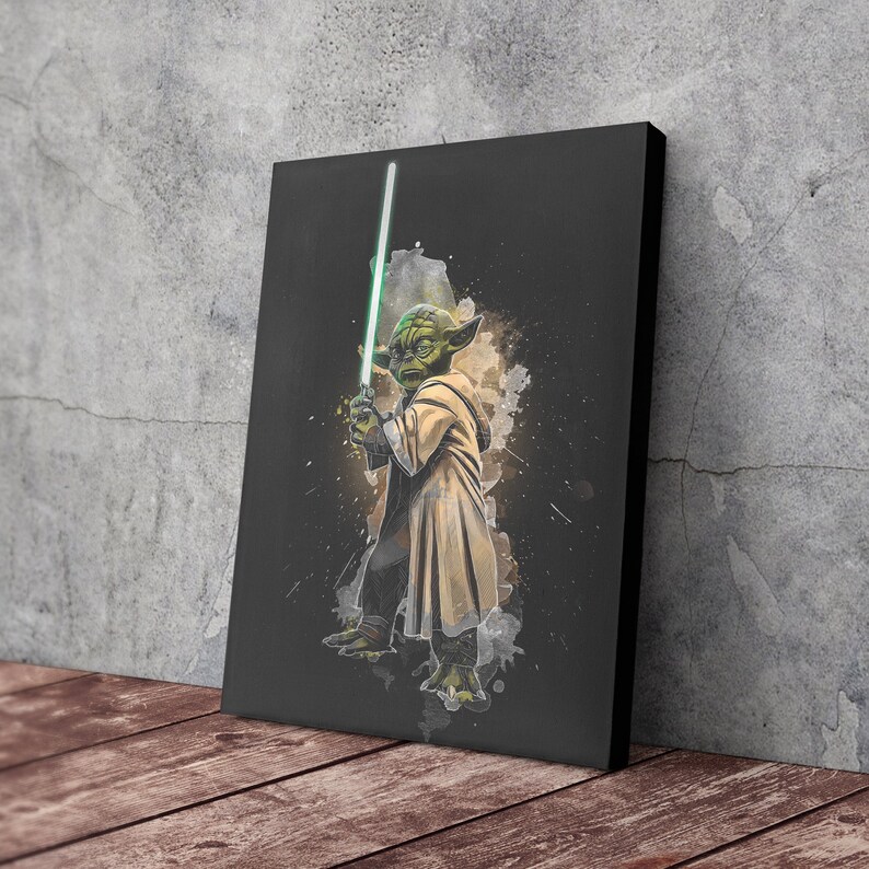May include: A green and brown Yoda character from Star Wars holding a green lightsaber. The character is standing on a black background with a watercolor effect.