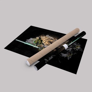 May include: A black and green poster featuring a digital illustration of Yoda from Star Wars wielding a lightsaber. The background is a dark green and black watercolor effect.