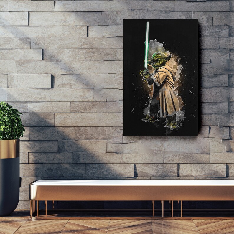 May include: A digital art print of Yoda from Star Wars wielding a green lightsaber. The background is black with watercolor-like splashes of color.