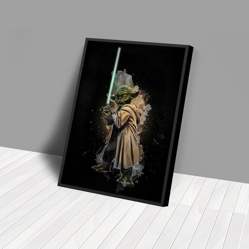 May include: A digital painting of Yoda, a green alien character from Star Wars, wielding a lightsaber. The background is black with a watercolor effect.