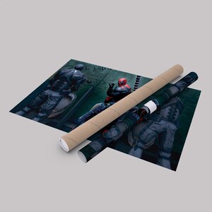 Pu&ograve; includere: Un poster con un personaggio di fumetti in un costume rosso e nero, che tiene una pistola e la punta verso un altro personaggio in un costume nero e grigio. Il testo "The End" &egrave; scritto sul muro dietro di loro.