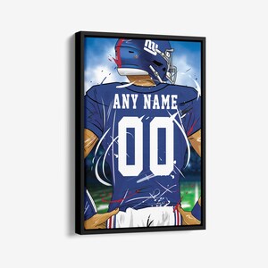 May include: A blue and red football jersey with a white number "00" and the text "ANY NAME" on the back. The jersey has a white and blue logo on the front.