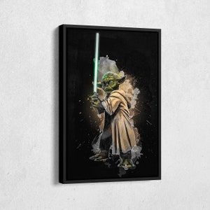 May include: A green and brown Yoda character from Star Wars holding a green lightsaber. The background is black with a watercolor effect.