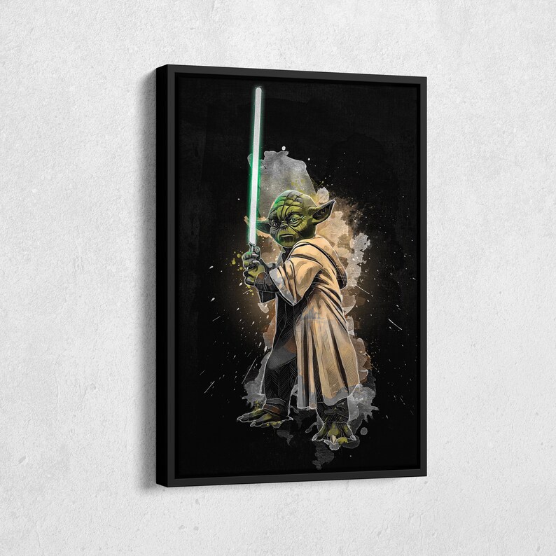 May include: A green and brown Yoda character from Star Wars holding a green lightsaber. The background is black with a watercolor effect.