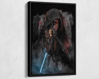 May include: A black and white digital art print of Darth Vader with a blue lightsaber. The background is a dark gray with red and blue watercolor splatters.