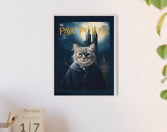 Impression d'affiche de film Harry Potter, art mural chat, décoration de chambre, art du film, cadeau pour amoureux des chats, impression d'art mural, art du film vintage, affiche drôle