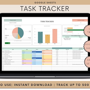 May include: A laptop computer screen displaying a Google Sheets spreadsheet with a task tracker template. The spreadsheet includes a pie chart, bar graph, and a table with columns for task, type, status, priority, due date, steps left, and notes. The spreadsheet is titled "Task Tracker" and the date is March 31, 2024. The image also includes three badges with the text "1 Tab", "Google Sheet", and "Easy Setup".
