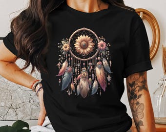 Koszulka z nadrukiem łapacza snów, koszulka z motywem słonecznika, koszulka z łapaczem snów w stylu vintage boho z piórami, top z kwiatowym nadrukiem łapacza snów