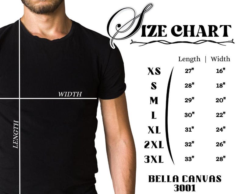 May include: Size chart for t-shirts with measurements in inches. The chart shows sizes XS through 3XL with corresponding length and width measurements. The chart also includes the brand name Bella Canvas and the model number 3001.