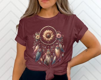 Koszulka z motywem łapacza snów, koszulka z hipisowskim ptakiem, koszulka z łapaczem snów, koszulka w stylu vintage boho z piórami, koszulka z hipisowskim ptakiem, joga dla kobiet