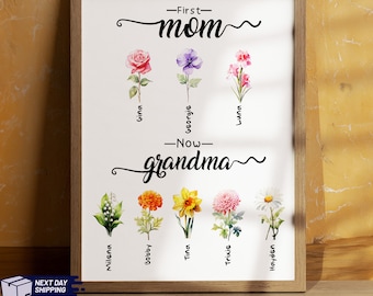 First Mom Now Grandma Garden Frame, Personalized Birth Month Flower Wall Art, Gift for Grandma, Mom Birthday Gift, Family Flower Photo Frame