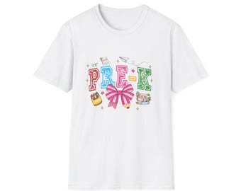 Camiseta unissex softstyle para pré-escola, camiseta fofa para pré-escola, camiseta de volta às aulas, presente para professores, camiseta educacional infantil
