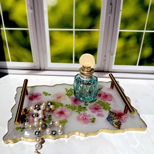 Cherry Blossom Resin Vanity Tray: Gold Handles, Real Dried Flowers