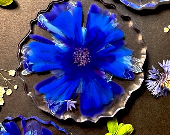 Posavasos de resina de aciano azul, regalo de bienvenida, decoración de cocina, decoración de flores, decoración de bodas