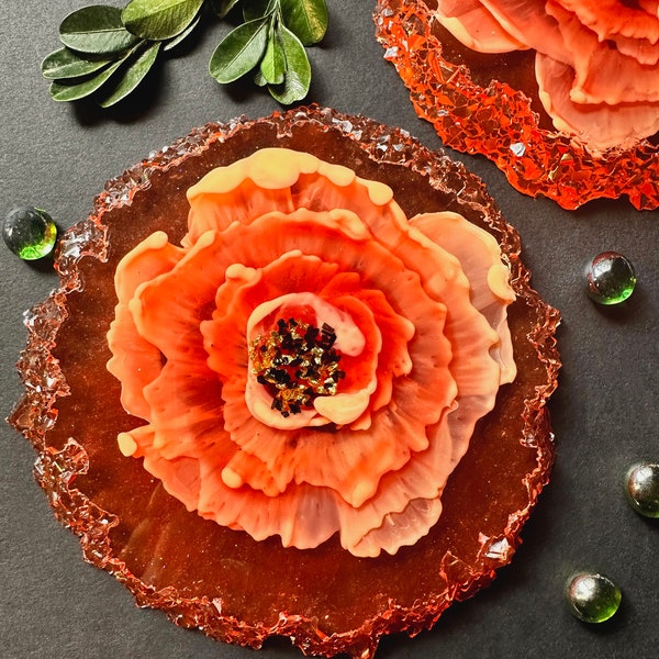 Orange Red Tea Rose Flower Resin Coaster, Kitchen Decor, Kitchen Art, Serving Accessory, Housewarming Gift, Wedding Accessory