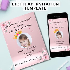 Convite para festa de princesa, cartão eletrônico mágico, convite digital personalizado, modelo editável para crianças, convite eletrônico para festa de aniversário, cartão eletrônico para filha