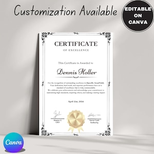 Certificat d'excellence Modèle modifiable Prix de la formation Design imprimable Certificat numérique Design élégant Texte modifiable Prix personnalisé