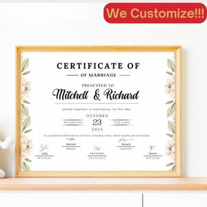 Certificat de mariage personnalisé Souvenir de mariage Design floral imprimable Award Certificat de vœux de mariage personnalisé