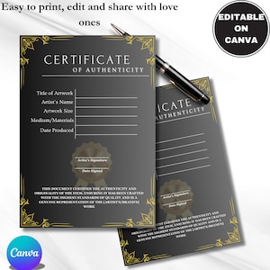 Certificaat van echtheid Bewerkbaar kunstwerk Certificaat COA-sjabloon Certificaatontwerp Kunstenaarscertificaat Canva-sjabloon Afdrukbare kaart
