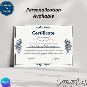 May include: A white certificate with a blue border and floral designs. The text "Certificate of achievement" is at the top. The text "This certificate is proudly presented to Anderson Hammed" is in the middle. The text "Your remarkable dedication, exceptional skills, and tireless efforts have led to this well-deserved achievement. We are truly inspired by your hard work and commitment to excellence, and we celebrate your outstanding success with pride and gratitude." is below the name. The text "Dentés Hamned Supervisor Ingoude Company" is on the left side and the text "Sharon Alas Project Manager Aldunatro & Partners" is on the right side.