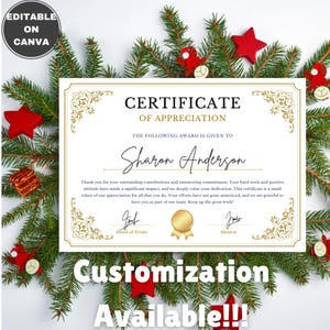 Bewerkbaar certificaat Afdrukbare sjabloon Appreciation Gift Canva-sjabloon Aangepast certificaat Cadeaubon Appreciation Card EditableAward
