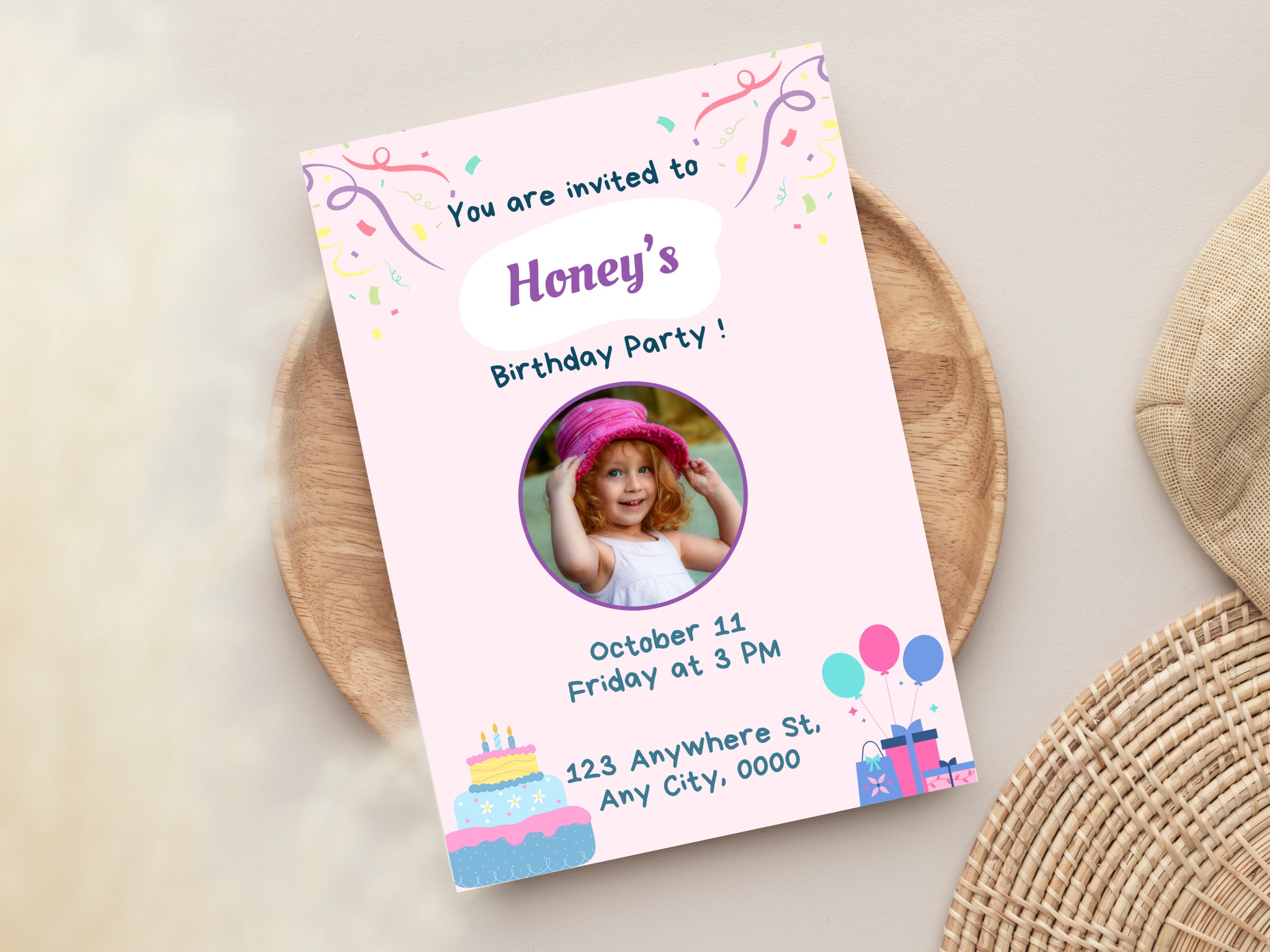 5"x7" Fully Editable Simple Pink Birthday Invitation Template With ...