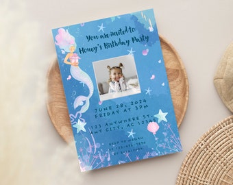 May include: A blue and pink birthday party invitation featuring a mermaid illustration, a photo placeholder, and the text "You are invited to Honey's Birthday Party". The invitation includes the date, time, and location of the party.