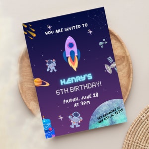 5 x 7 po. Espace extra-atmosphérique entièrement modifiable, astronaute, navette spatiale, modèle d'invitation d'anniversaire sur le thème de la galaxie pour les enfants, téléchargement numérique instantané
