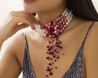 Gargantilla de perlas hecha a mano: collar gótico sangriento, joyería para cosplay de Halloween.