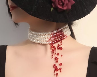 Gargantilla de perlas, collar de perlas sangrientas, gargantilla sangrienta, joyas hechas a mano, collar de perlas, joyas de terror, Halloween, gótico, cosplay, joyería de vestir