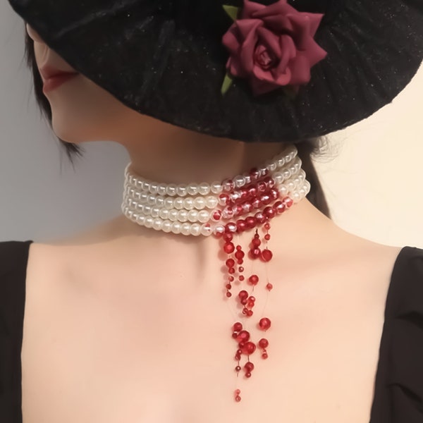 Pearl Choker,Bloody pearl necklace,bloody choker,handmade jewellery,pearl necklace,horror jewellery, Halloween,gothic,cosplay,Dress jewelry