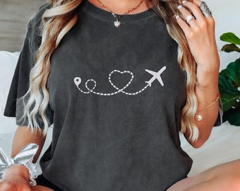 Embroidered Airplane Heart Shirt – Comfort Colors Tee, Minimal Travel Lover Shirt, Cute Flight Aesthetic T-Shirt