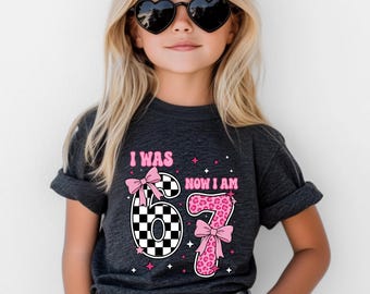 Girl 7th Birthday Shirt – I Was 6 Now I Am 7 Shirt, Cute Pink Bow Birthday Tee for Girls, Leopard Checker Kids Birthday Outfit