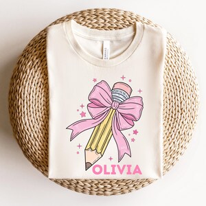 Personalized Back to School Teacher T- Shirt, Retro Teacher Coquette Pencil Bow Tee, Comfort Colors First Day of School Teacher Gift Apparel