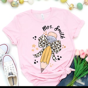 Personalized Back to School Teacher T- Shirt, Retro Teacher Coquette Pencil Bow Tee, Comfort Colors First Day of School Teacher Gift Apparel