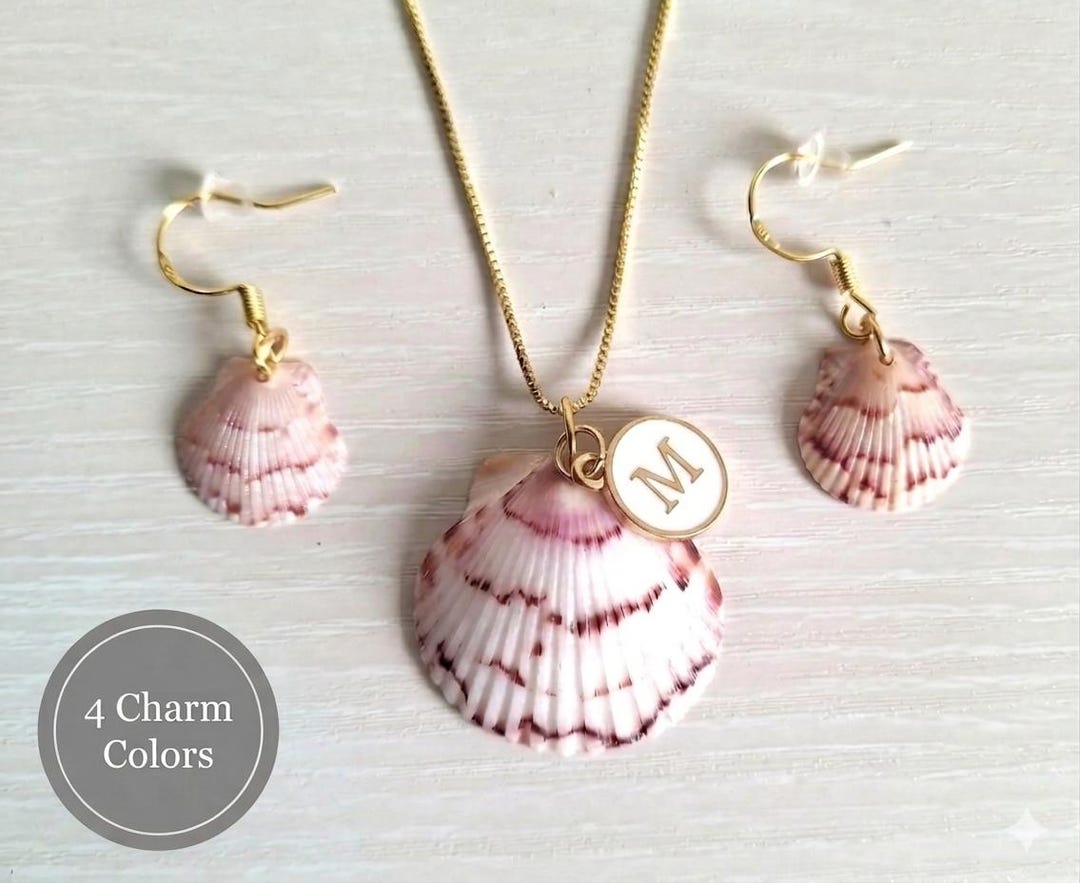 Initial Shell Pendants Initial Charm Shell Necklace and Earring Set, Personalized Seashell ...