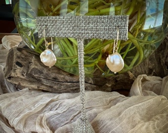 Peach Keishi Pearl Drop Earrings: Handmade Gold Filled Jewelry