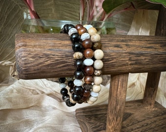 Sandalwood Rosewood Bracelet Set: Ebony & Petrified Opal