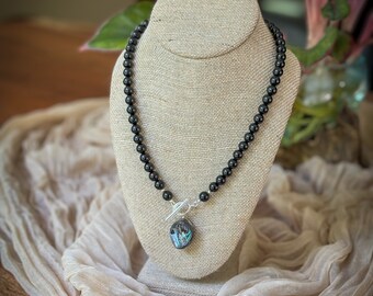 Handmade Onyx Beaded Necklace: Sterling Silver Abalone Pendant